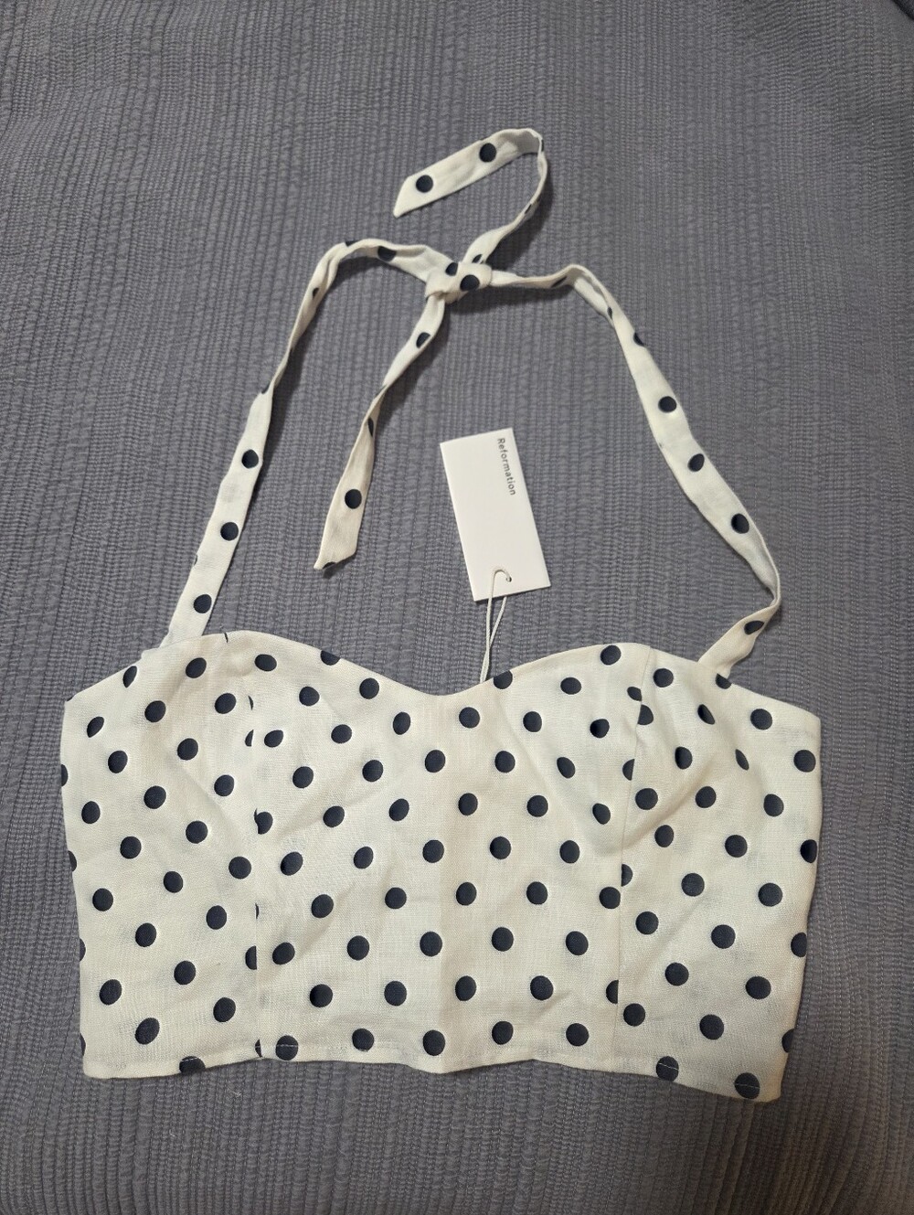 Reformation Orzo Linen Polka Dot Halter Crop Top - White/Black Size 2 NWT
